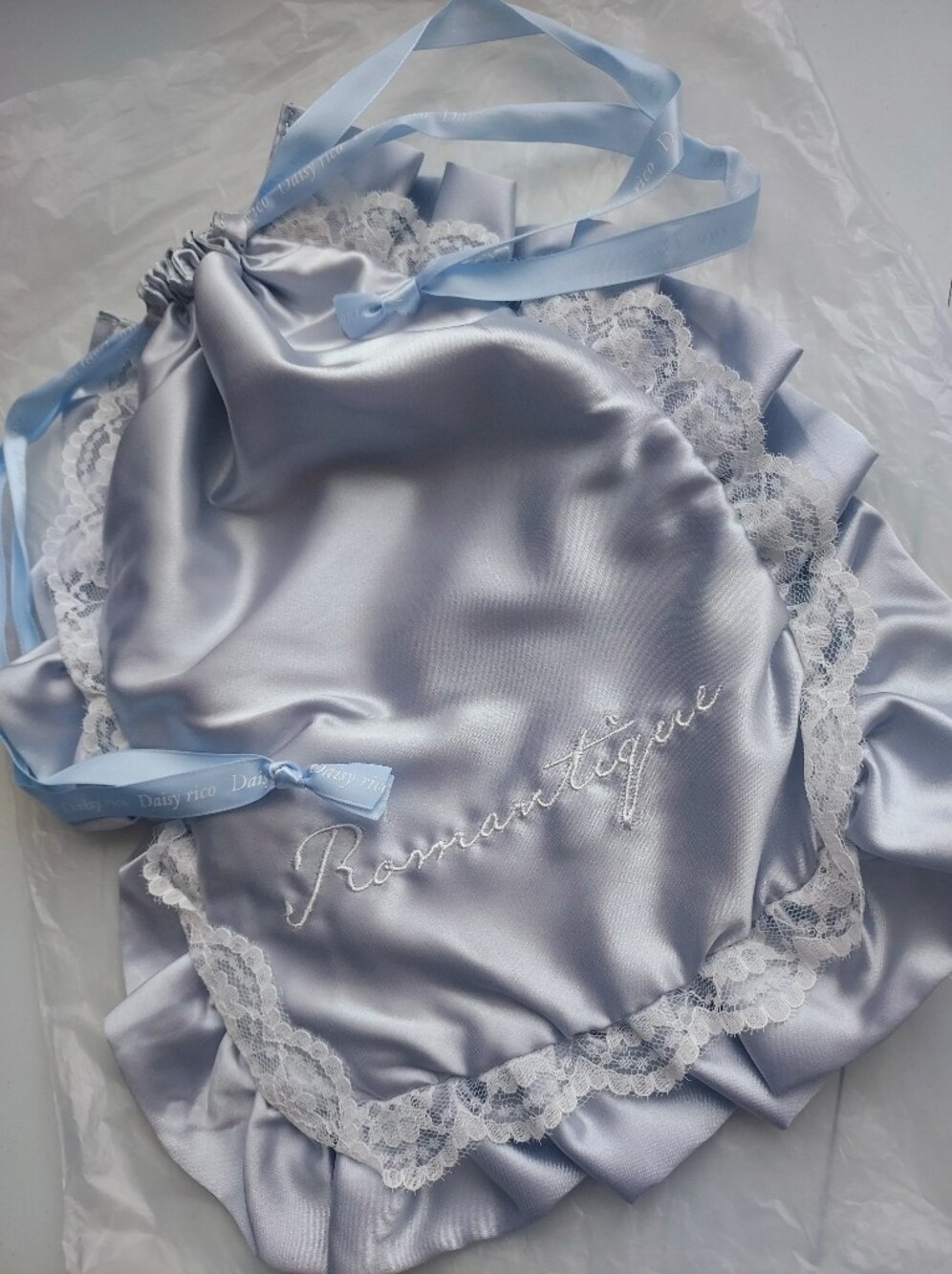 Japan brand grey silver lace Satin Lace cloths cosmetic drawstring bag pouch